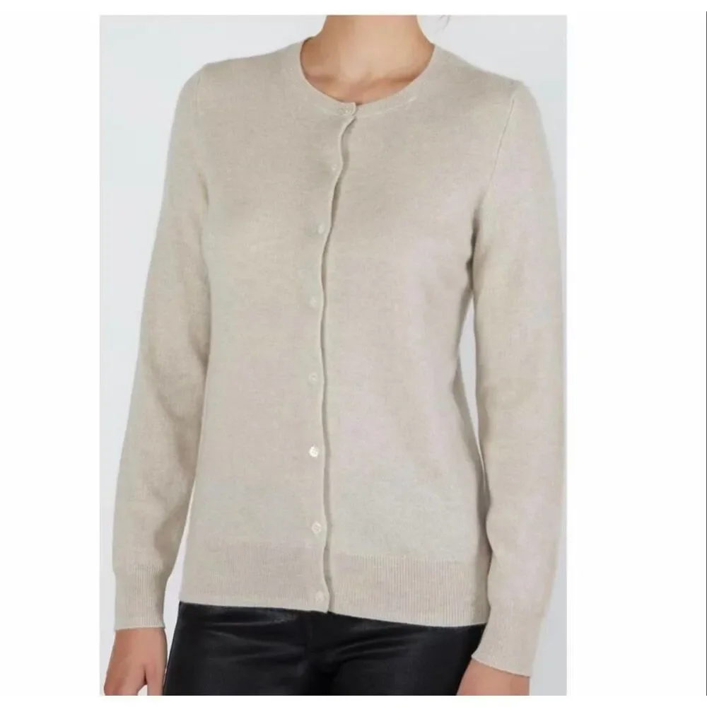 JENNIE LIU Women's 100% Cashmere Button Long Sleeve Crewneck Cardigan Sweater Oa